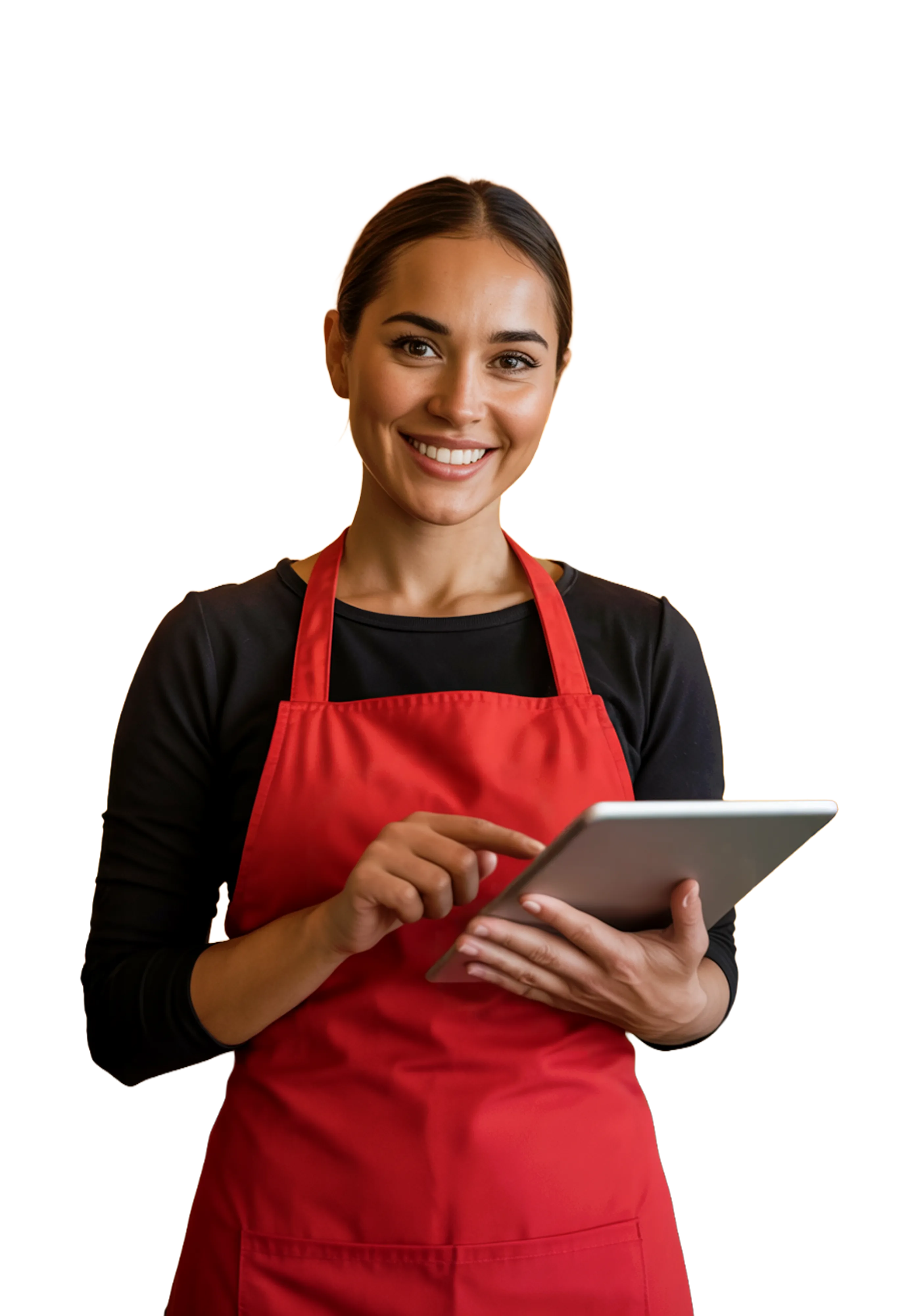 Dueña de un negocio gastronómico tico usando MOZZO en una tablet