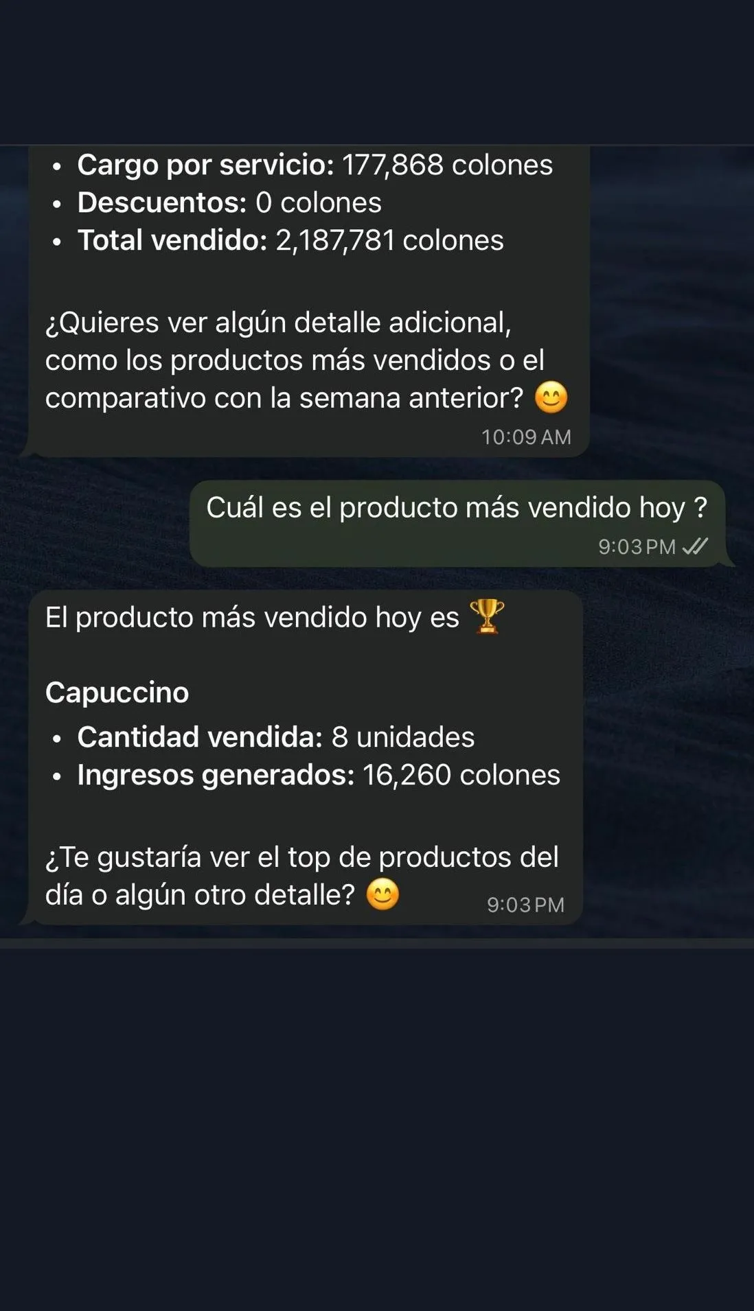 Lupe AI en un celular: resumen de ventas y producto más vendido