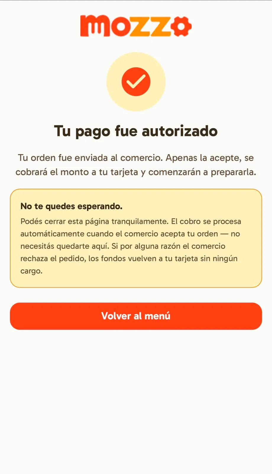 Confirmación de pago de MOZZO TAP en un celular