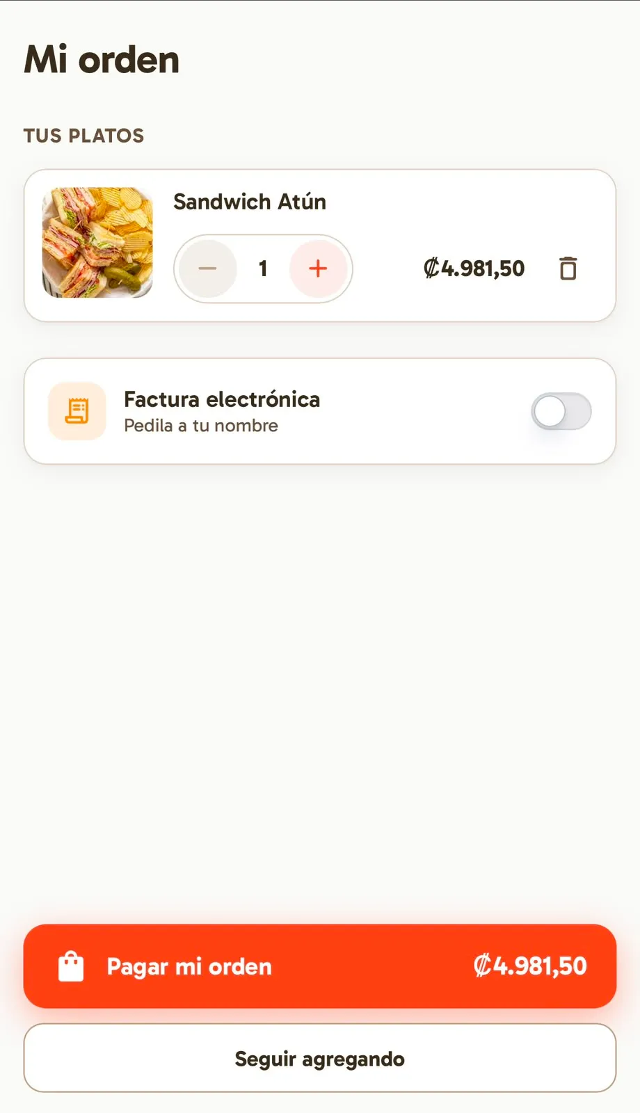 Orden y carrito de MOZZO TAP en un celular